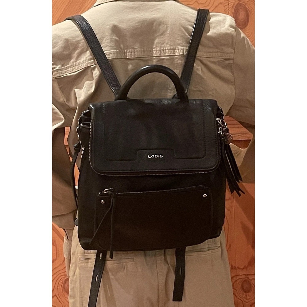Lodis Stellene Black Pebbled Leather Backpack Women's Minimal Travel Bag